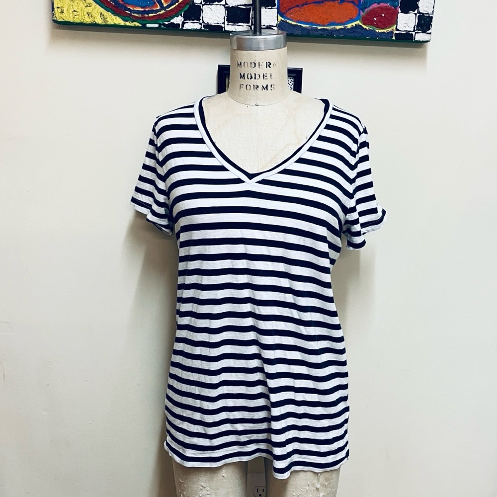 J. Crew Navy and White Striped V-Neck Tee - Picture 2 of 6